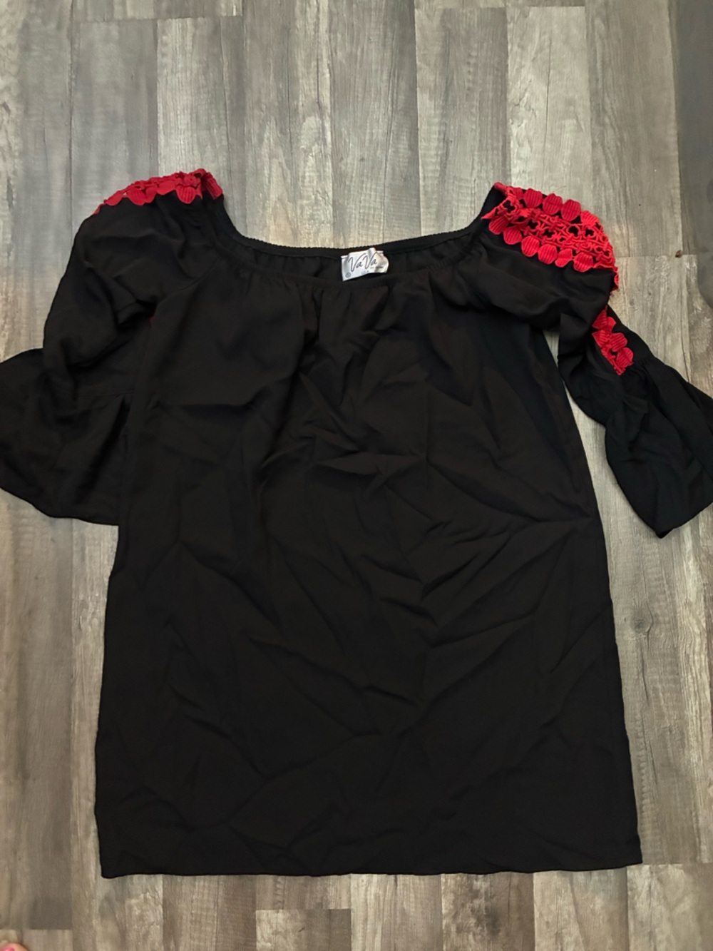 VAVA Off-Shoulder Black Mini Dress with Red Crochet Detail